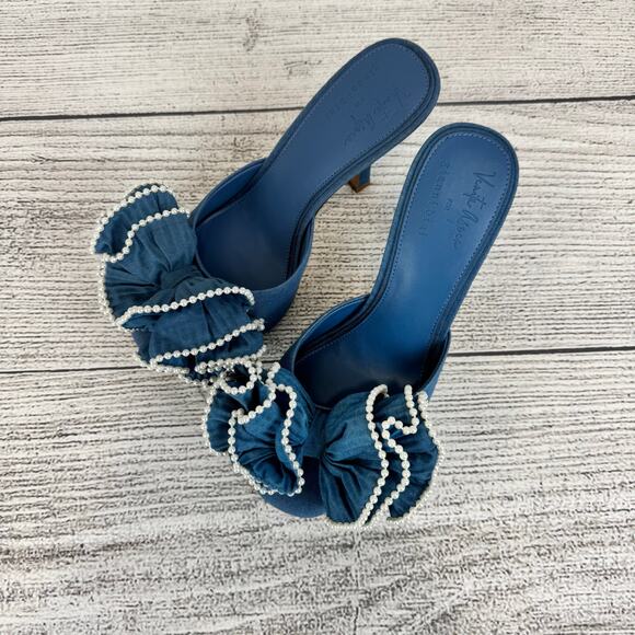Venita Aspen For Gianni Bini Harlow Blue Ruffle Pearl Bow Heels Size 9 - Picture 9 of 10